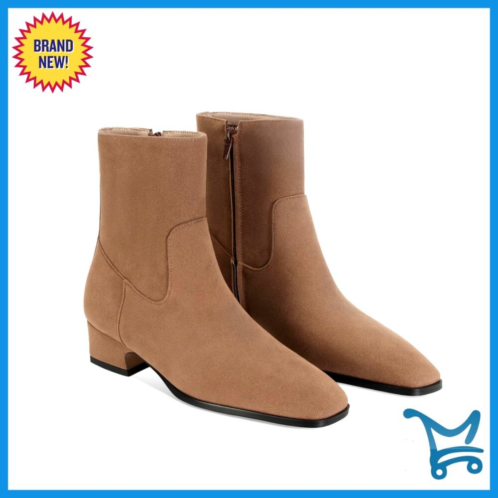 Square Toe Ankle Booties With Chunky Block Heel Side Zipper Comfort Shoes